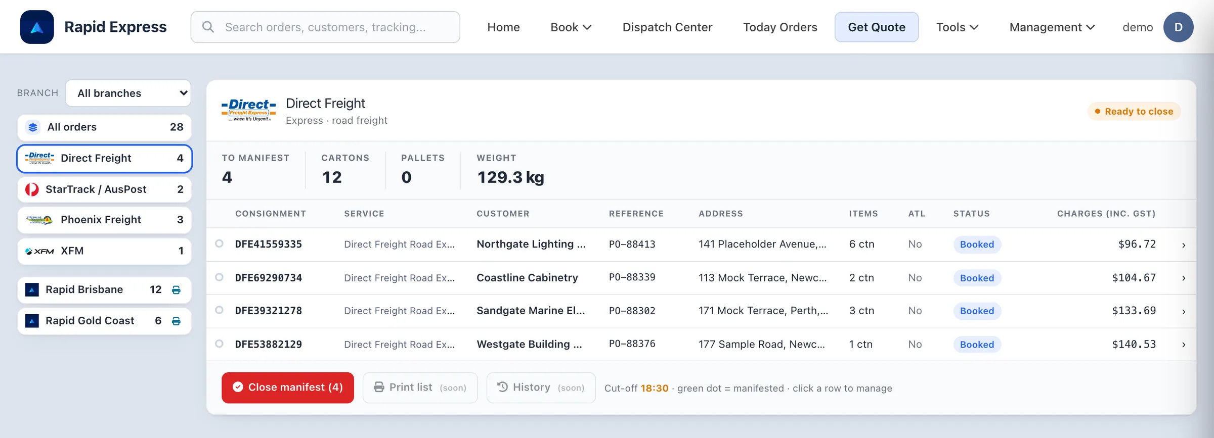 Direct Freight group on the orders board: four booked consignments with charges, ready to close as a manifest before the carrier cut-off.