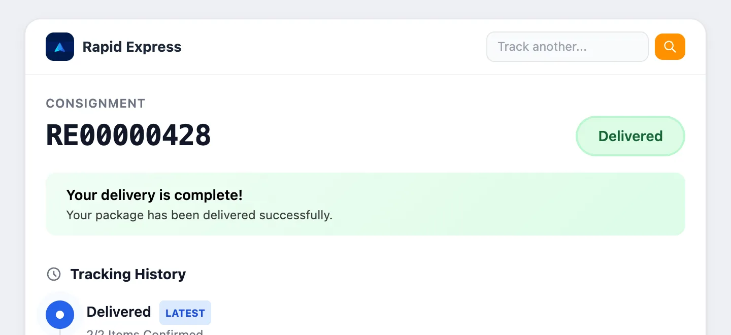 Public tracking page for a delivered consignment, showing the consignment number, a Delivered status and a delivery-complete message.