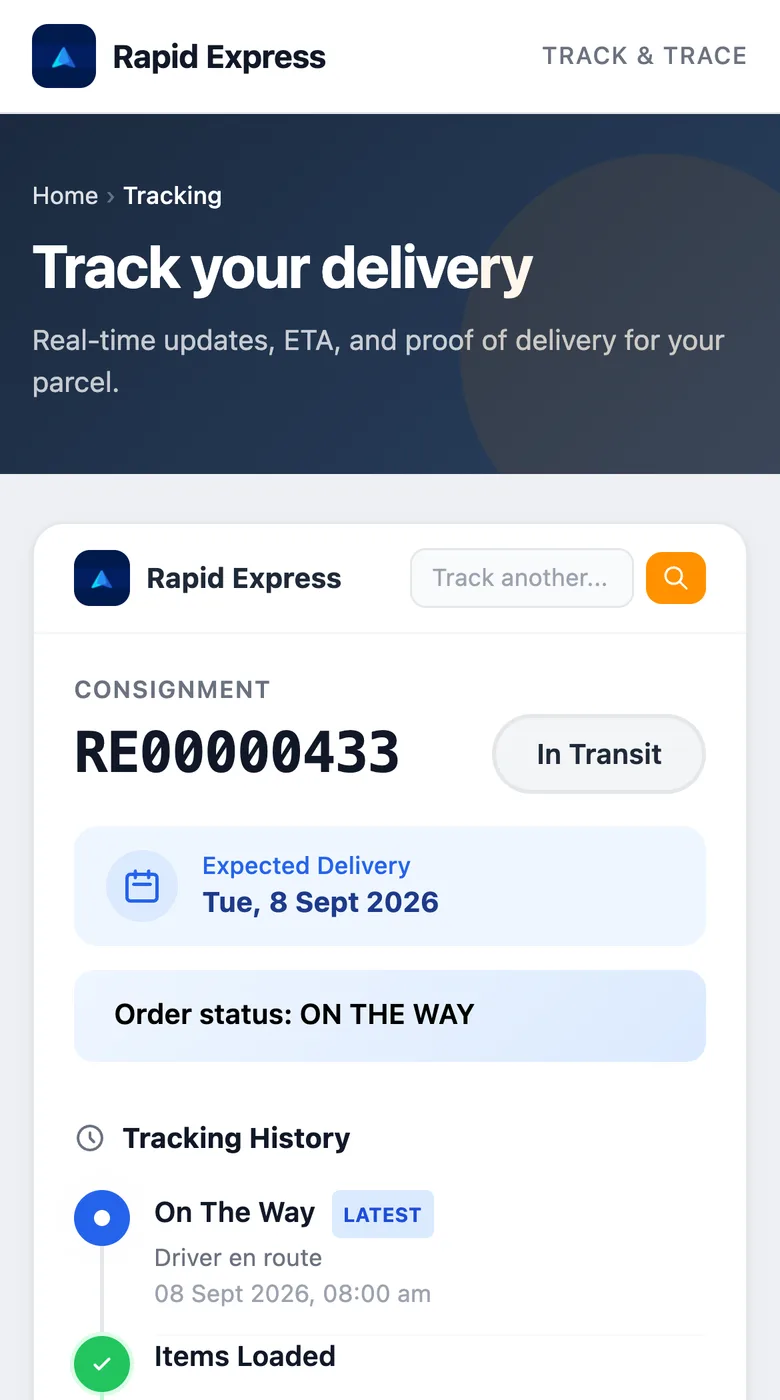Public tracking page on a phone: consignment number, In Transit status, expected delivery date and current order status.